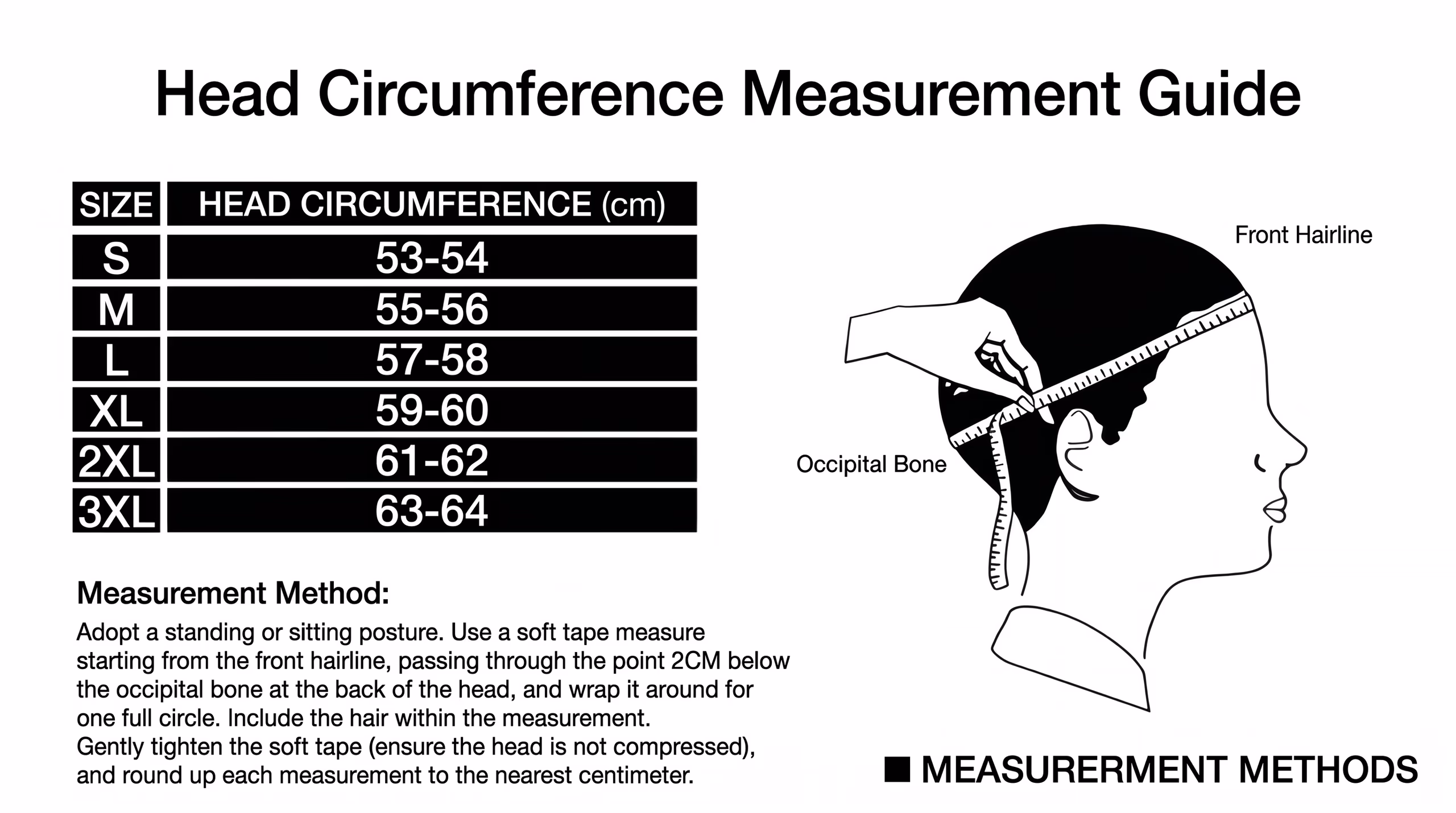 Head circumference size chart and measurement guide for Outlander helmets, featuring a diagram and size table.
