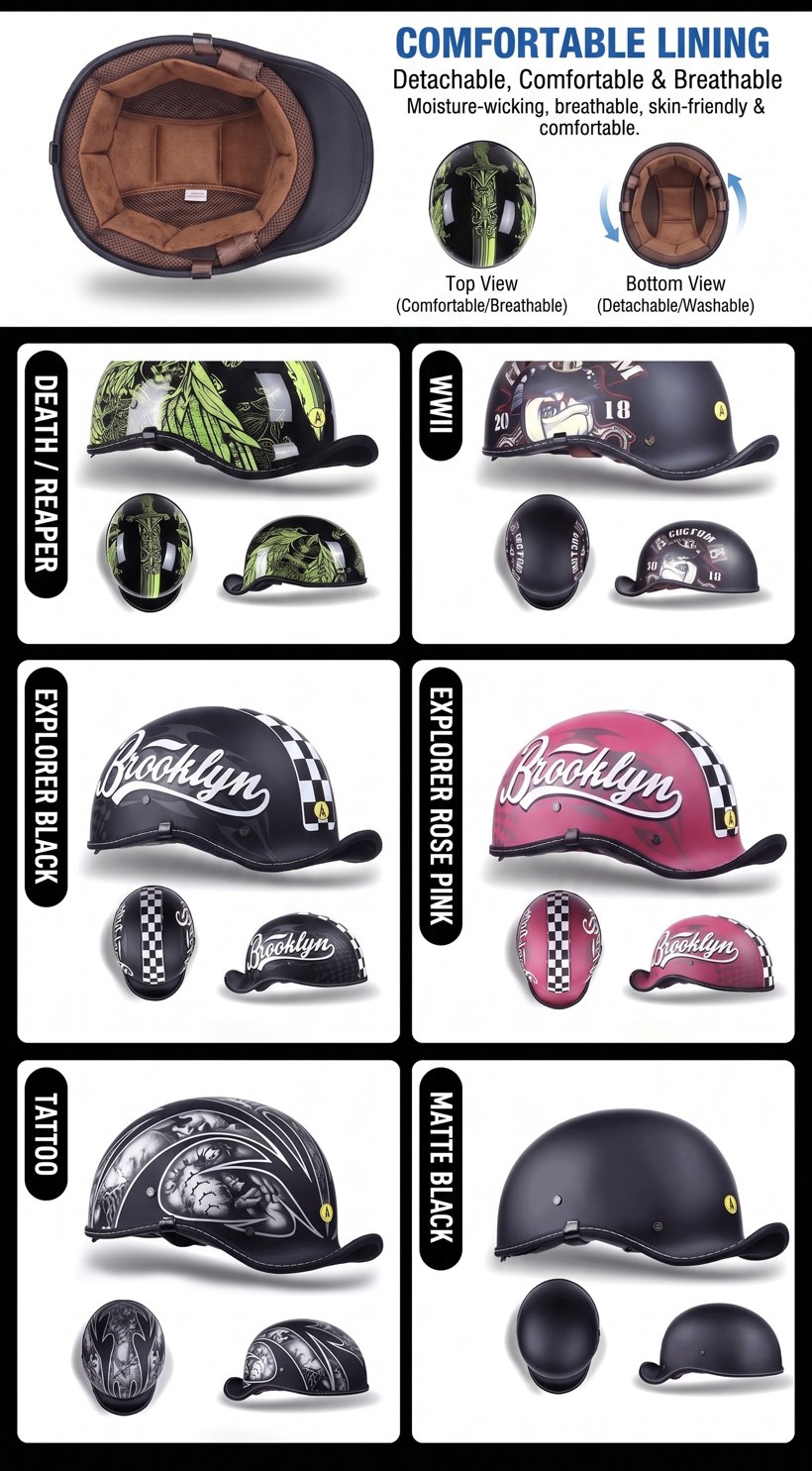DCT retro cruiser half helmet detail 19