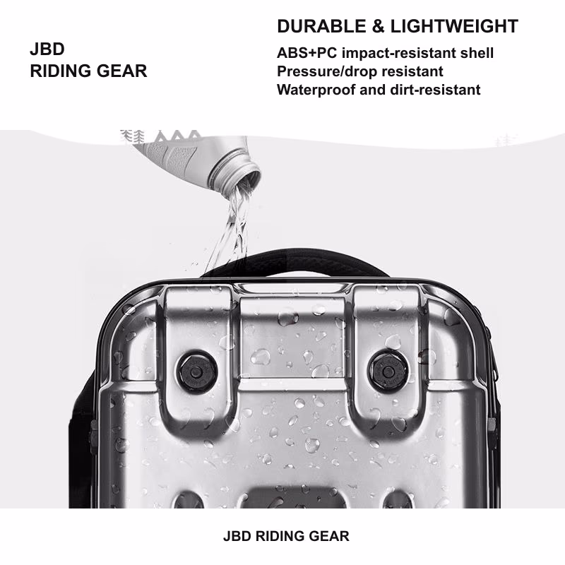 Roadforge Hardcase Backpack waterproof feature detail showing water pouring over a silver impact-resistant shell.