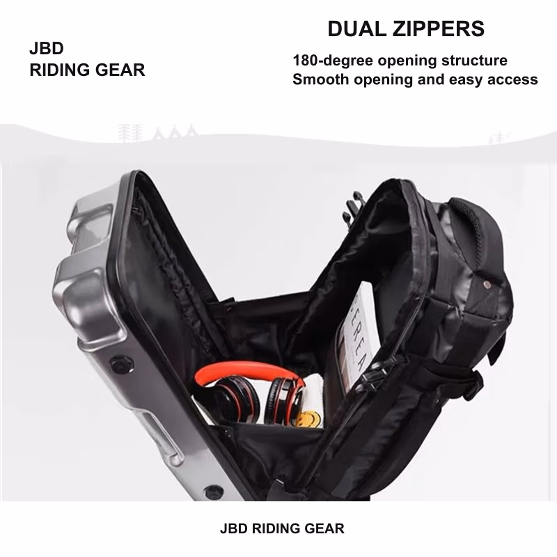 Roadforge Hardcase Backpack shown in a 180-degree open view with dual zippers and interior storage for headphones.