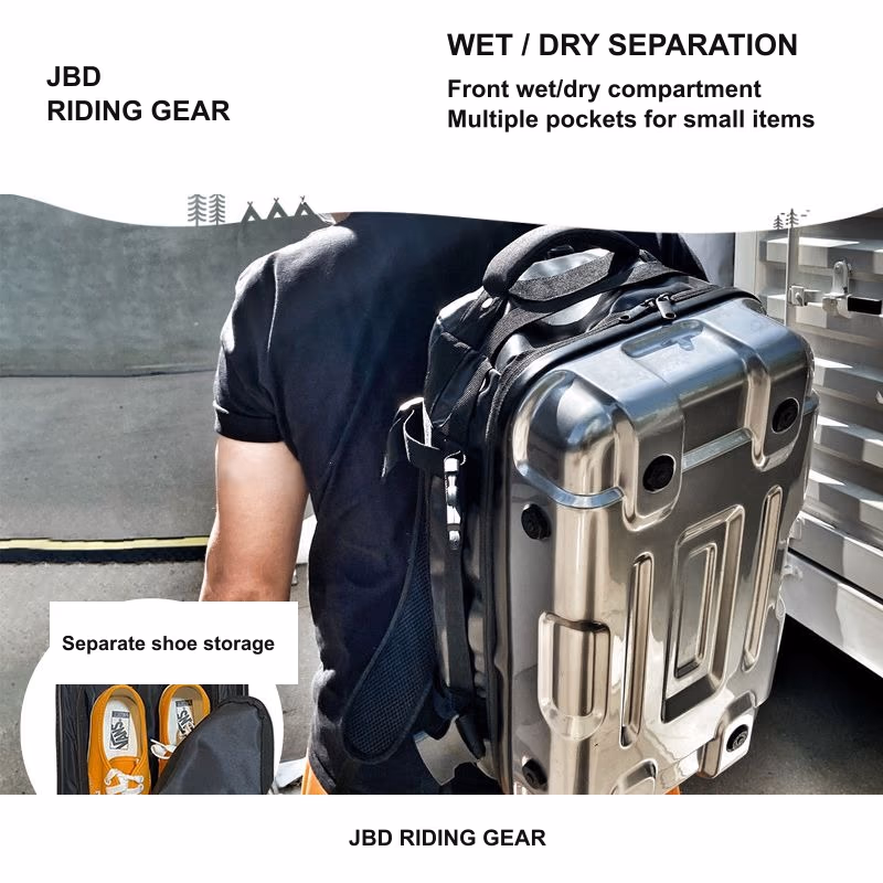 Lifestyle scene of a silver Roadforge Hardcase Backpack featuring wet/dry separation and shoe storage detail.