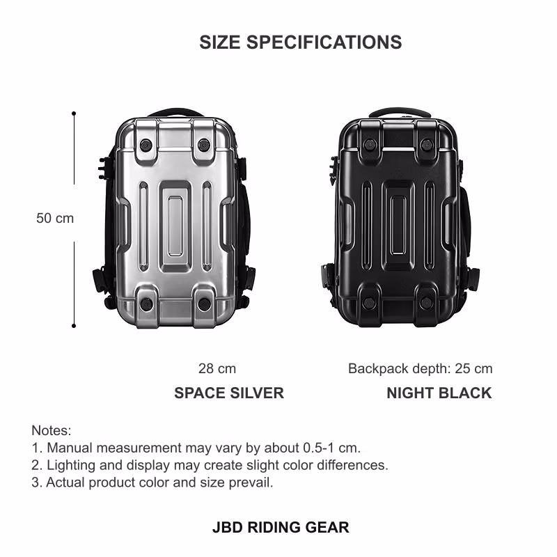 Size specifications chart for Roadforge Hardcase Backpack in space silver and night black, showing 50x28x25cm dimensions.